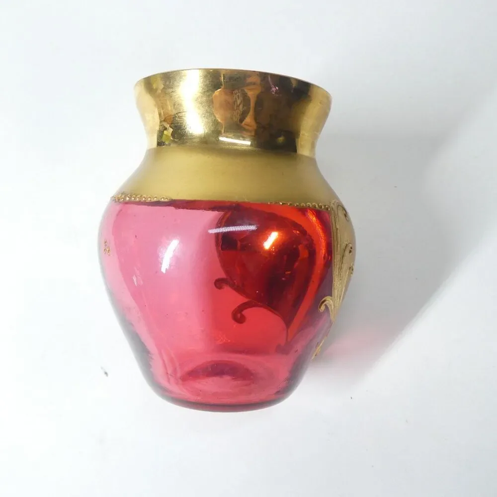 Cranberry Glass Vase Gold Flowers Bohemian Czech Vintage 3.5